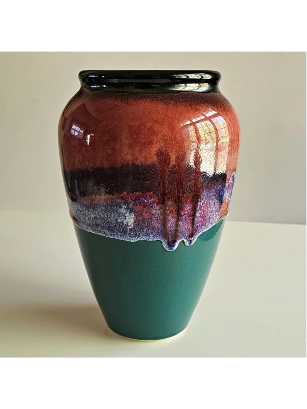 Vintage Studio Pottery Glazed Ceramic Vase - MCM Drip Glaze Teal - Signed 9